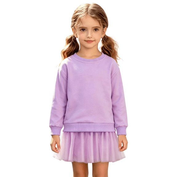 Wilark Girls Sweatshirt Dress with Mesh Skirt Size 6, Long Sleeve Casual Fashion Crew Neck Fall Dress for Girls Purple