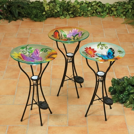 Fender Metal Stand 21'' Inch High Fused Glass Butterfly Bird Feeders with Solar Lighted Metal Stand Set of 3 ()