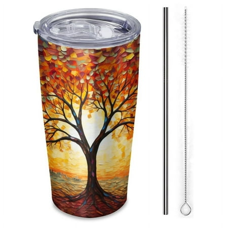 

oil painting of tree with leaves in the shape of sunset-Insulated Car Cup 20 oz Stainless Steel Travel Tumbler with Reusable Straw & Brush Hot & Cold Drinks Coffee/Tea/Office/Outdoor Drinkware