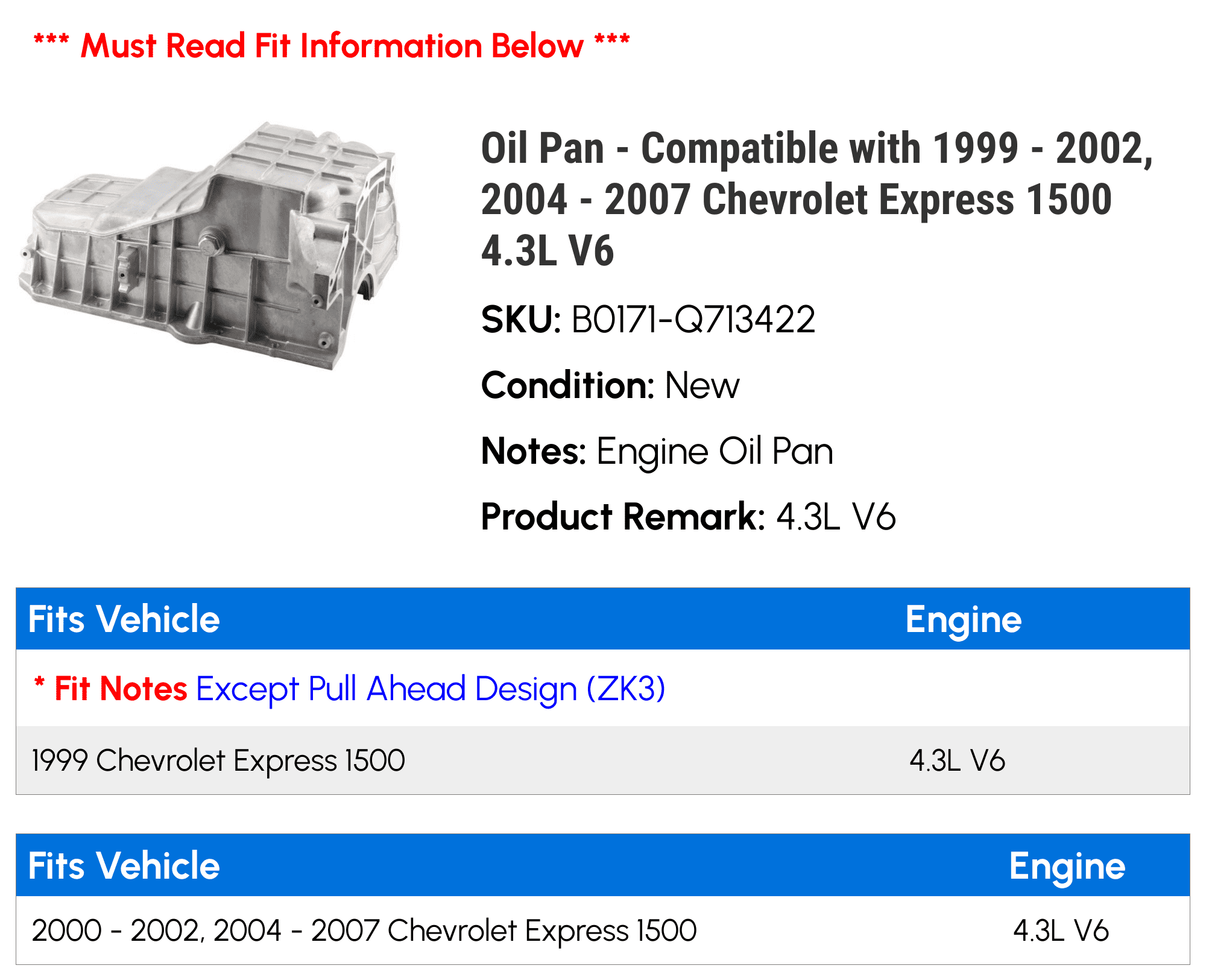 Oil Pan - Compatible with 1999 - 2002, 2004 - 2007 Chevy Express 1500 4.3L V6 2000 2001 2005 2006