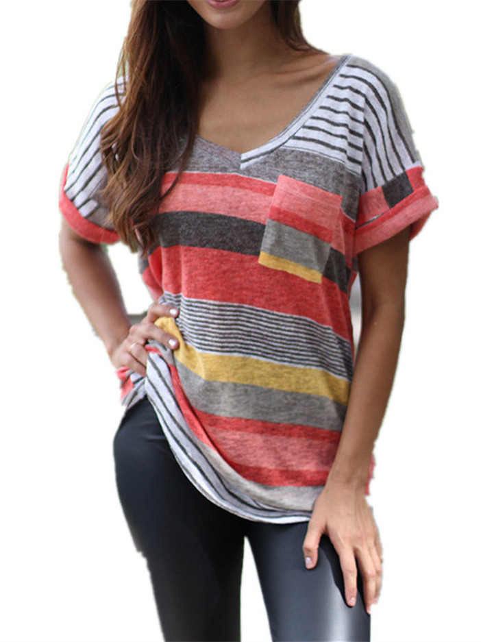 Sysea V Neck Women Colorful Striped Short Sleeve Casual T Shirts Walmart Com Walmart Com