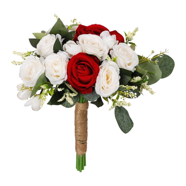 Ramo de boda, ramo de novia, flores decorativas de seda, flores artificiales románticas para decoración de centros de mesa de boda Rojo