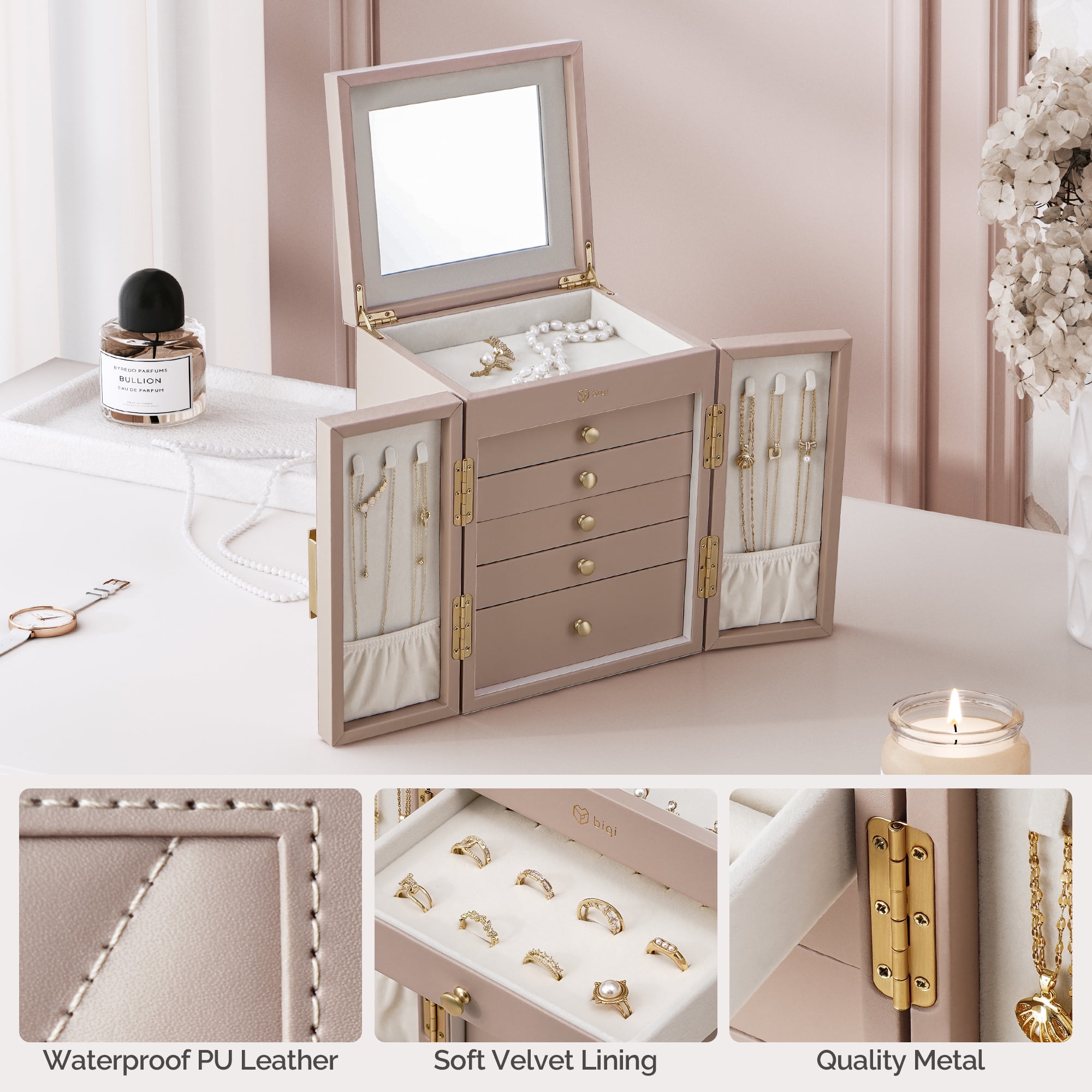 Casegrace 6-Tier Huge Jewelry Box for Women Girls with Mirror 5 Drawers Organizer Necklace Ring Earring Storage Opening Door Gift Case