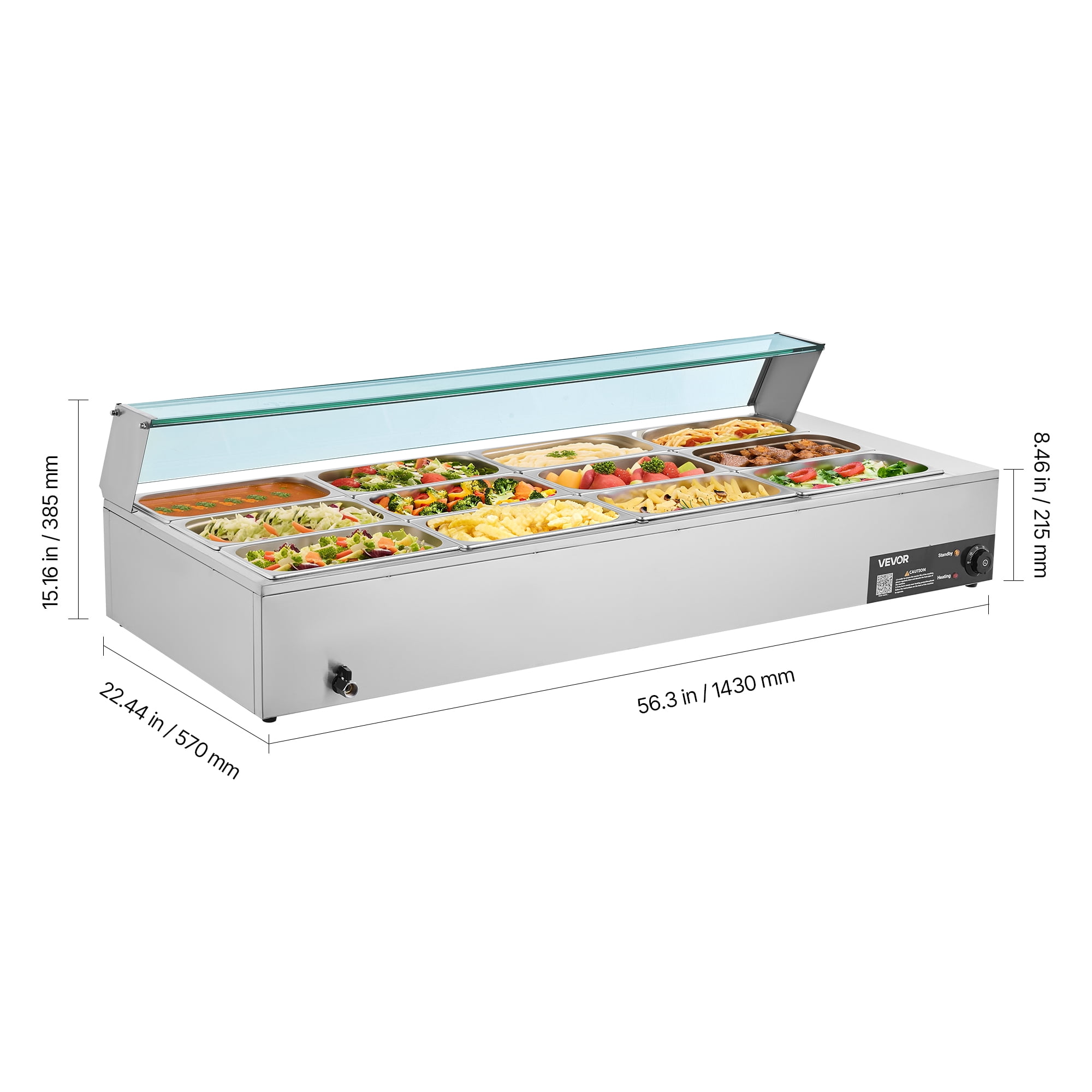 VEVOR Commercial Food Warmer, 1700W Electric Stainless Steel Steam Food Warmer with Glass Cover, 12-Pan Countertop Buffet Bain Marie with Soup & Perforated Ladles, for Catering, Restaurant & Party