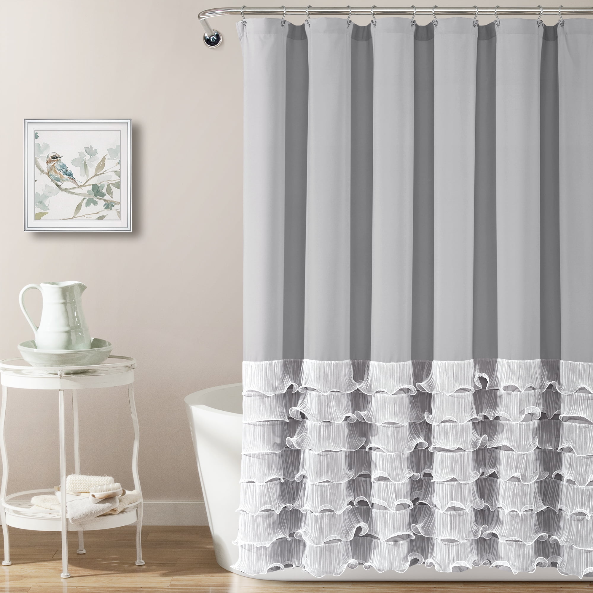 Lush Decor Avery Ruffle Polyester Shower Curtain, 72x72, Light Gray, Single