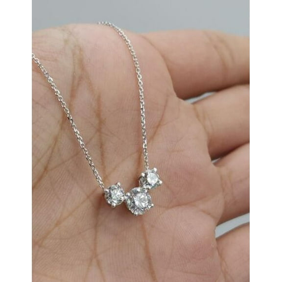 2Ct Round Cut Lab Created Diamond Women's 3 Stone Pendant Necklace 14k White Gold Plated