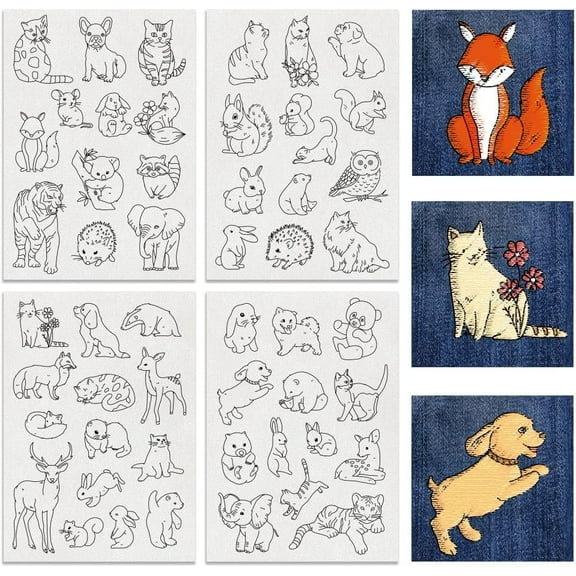 4Sheets 52Pcs Animal Water Soluble Embroidery 11.7x8.3inch Cats Dogs Rabbits Stick and Stitch Embroidery Paper Stabilizer Water Soluble Hand Sewing for Shirts Coats Bags White