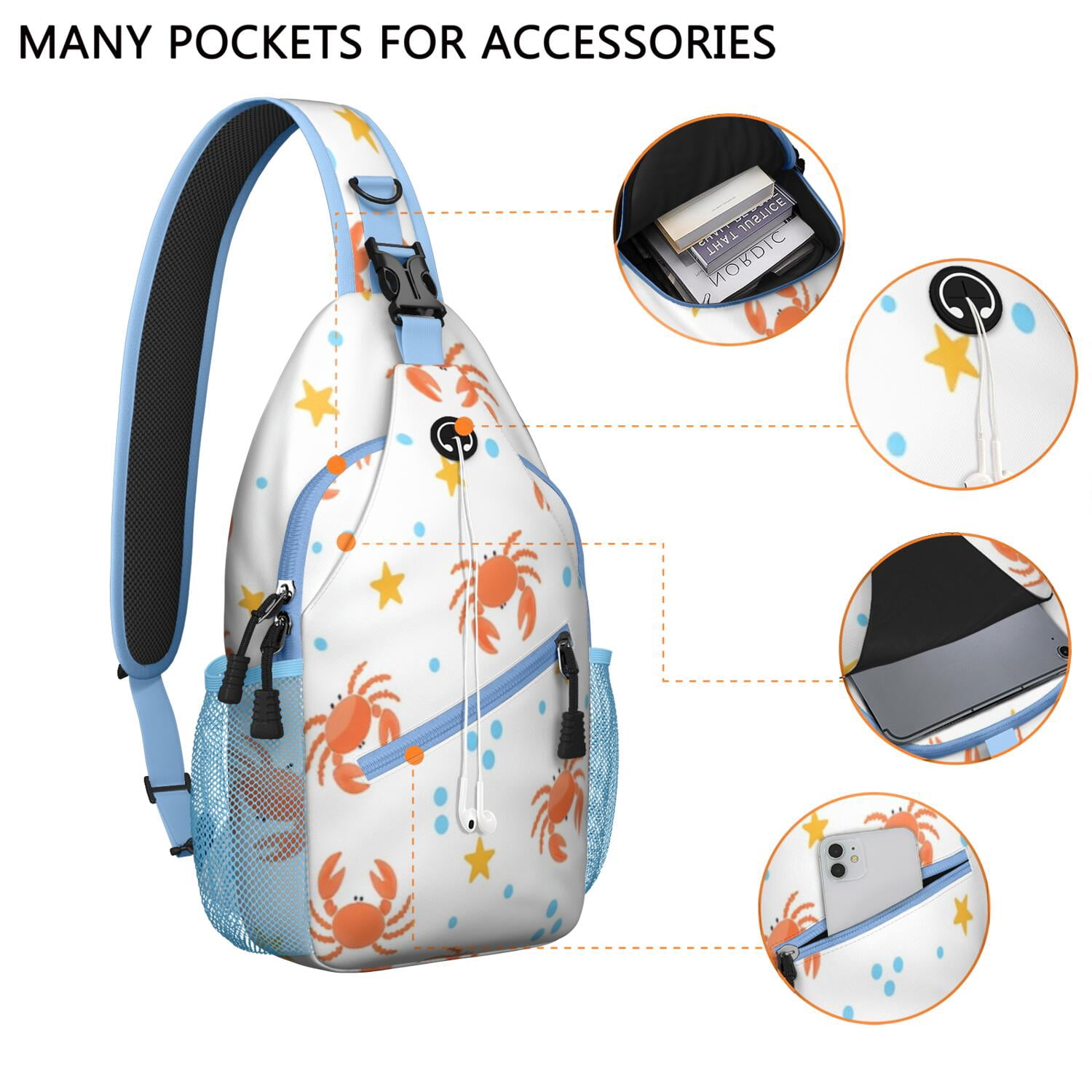 Marine Adorable Crab Crossbody Sling Bag for Women Men Fashion Backpack Crossbody Shoulder Bag Lightweight Hiking Sling Pack