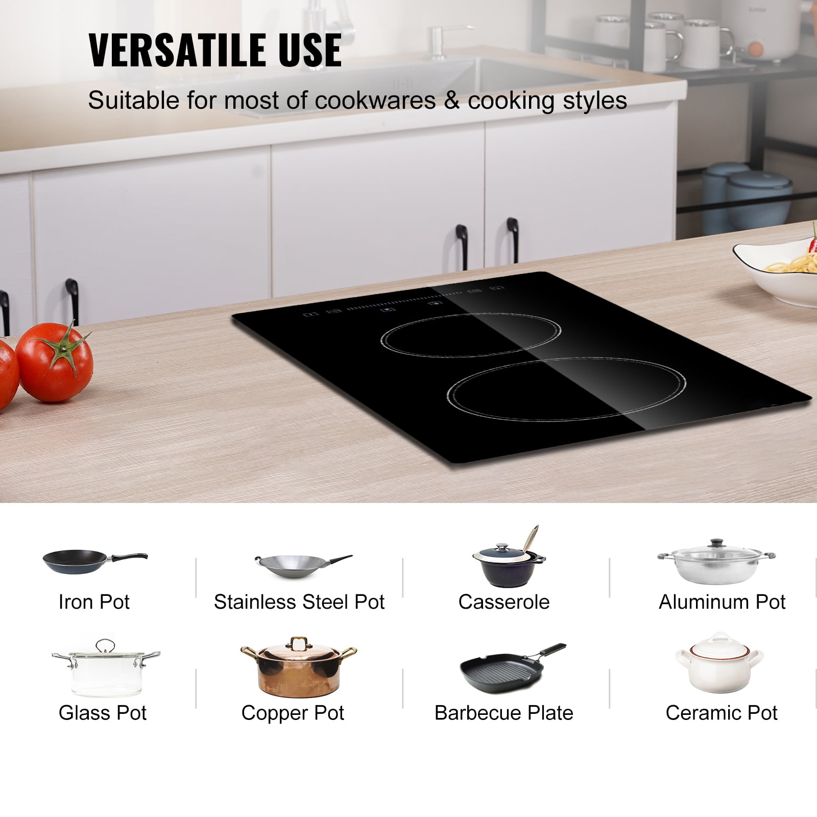 BENTISM 3000W Built-in Electric Cooktop Radiant Induction Cooktop Ceramic Cooktop 2 Burners Sensor Touch Stove 11.6''x20''