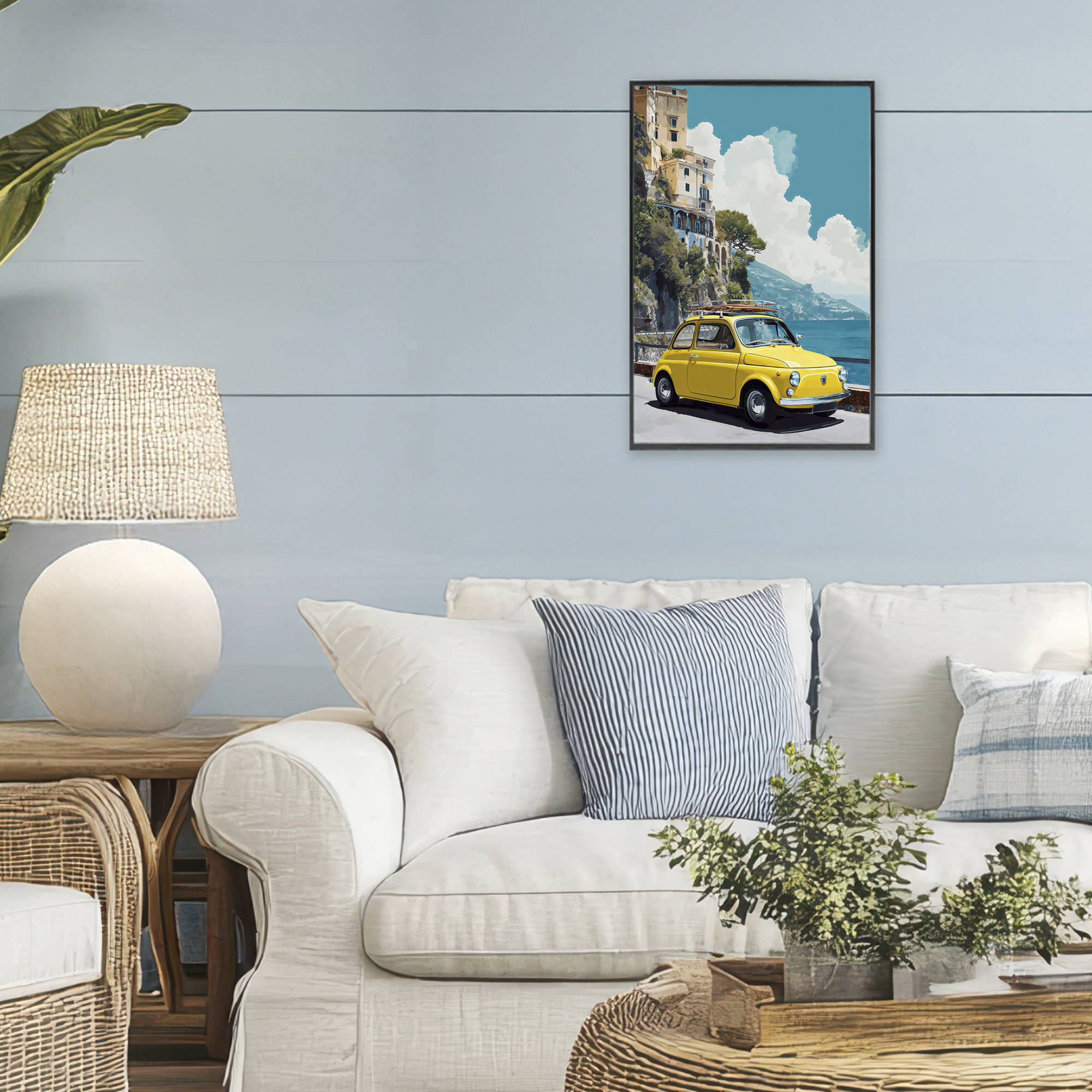 Stupell Industries Yellow Car on Coast Black Framed Giclee Art, design by Petal Prints Design