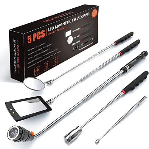 Gifts for Men 5PCS Telescoping Magnetic Pick Up Tool Kit with 1 lb and 15 lb Pickup Rod, Round and Square 360 Swivel Adjustable Inspection Mirror and Flexible LED Flashlight