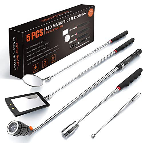 Cadeaux pour Hommes Kit d'Outils de Ramassage Magnétique Télescopique 5 Pcs avec Tige de Ramassage de 1 lb et 15 lb, Miroir d'Inspection Pivotant à 360° Rond et Carré et Lampe de Poche LED Flexible