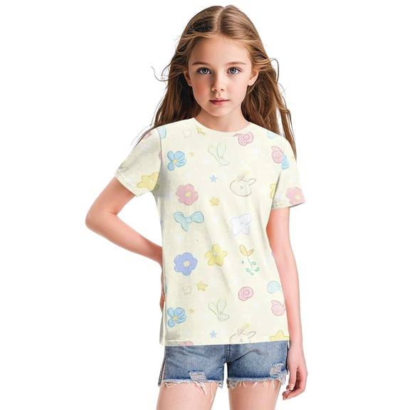 Abcomgle Girls Shirts 10-12 Summer Short Sleeve Tshirt Floral Print Tshirts Toddler Dressy Crewneck Cotton Toddler Tops Girls,Beige,7-8Years