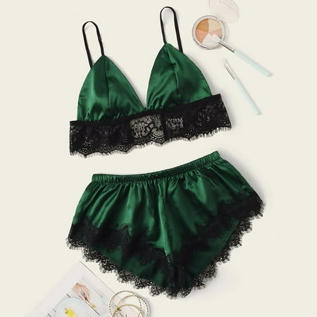 Dihao Womens Pajamas Set Womens New Sexy Lace Lingerie Silk Sling Bra with Underwear Pants Two Piece Set High Waistes Elastic Lounge Set Homegown