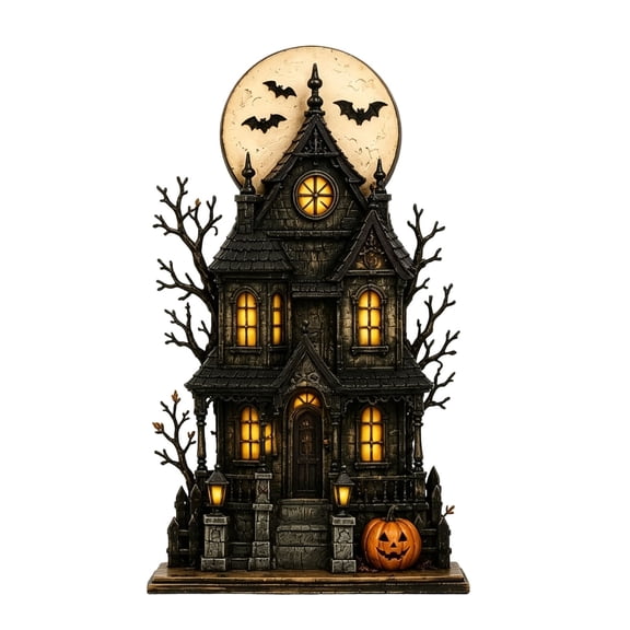 SUYOLL Halloween Large Light Up Haunted House Resin Figurine With Full Moon And Bats Spooky Gothic Desktop Ornament Rustic Witch House Statue For Fall Home Mantel Shelf And Halloween Party