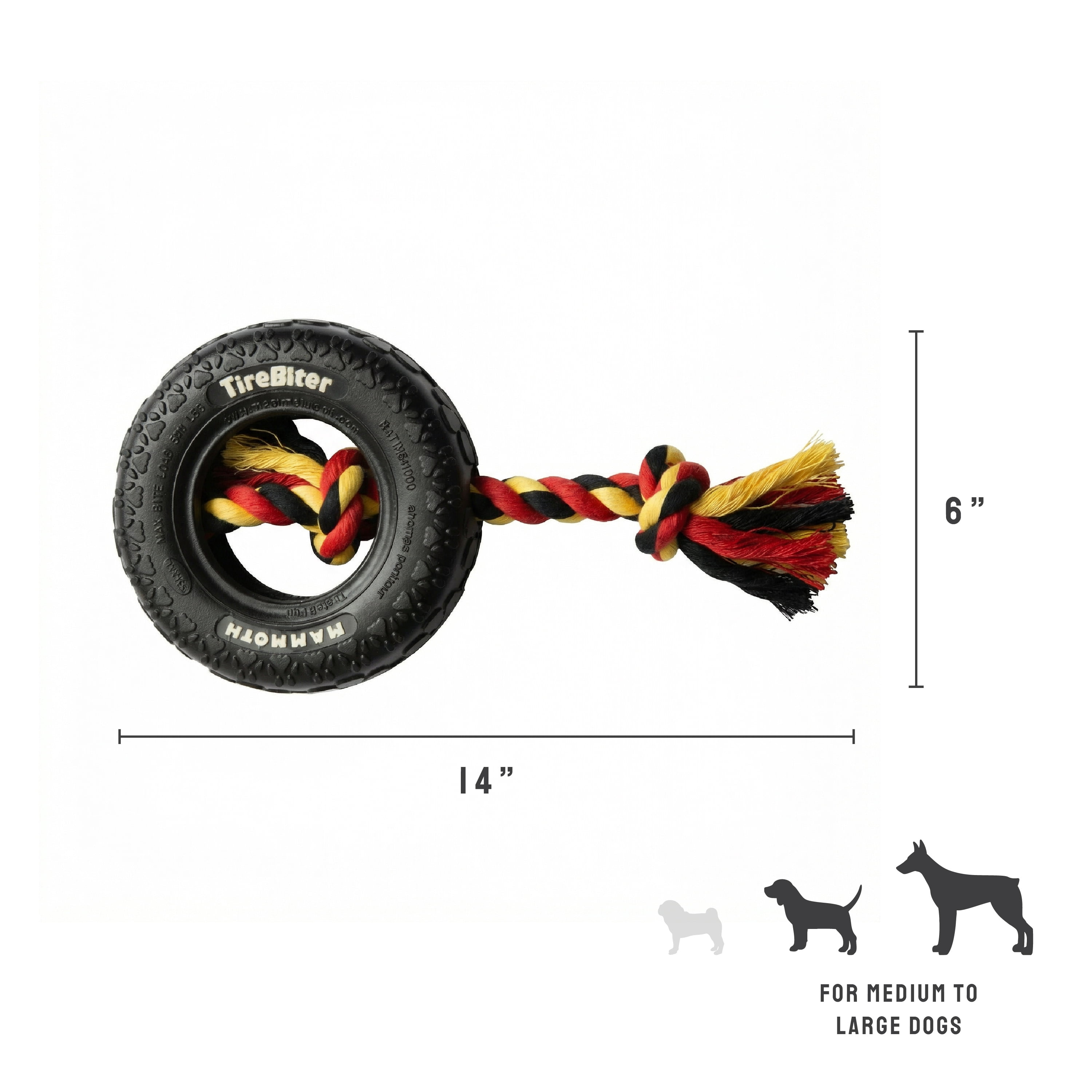 Mammoth TireBiter Original Rubber Dog Toy with Cottonblend Assorted Color Rope, Small 6"