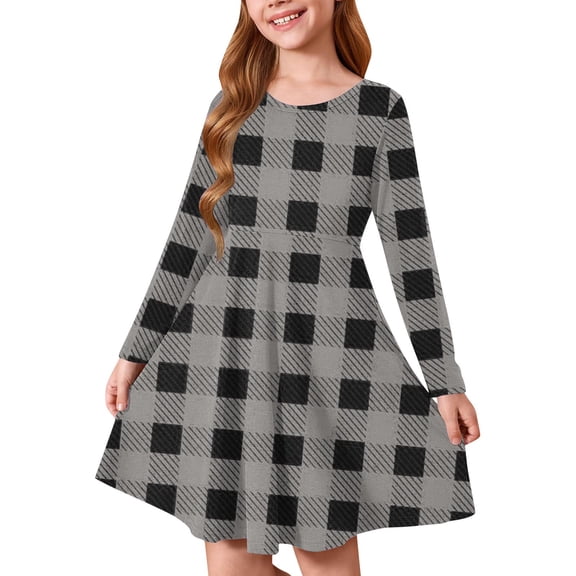 Snorda Toddler Girl Dress Plaid Long Sleeve Crew Neck Dress Soft Flowy Checkered Print Dress for Little Girls Fall Winter Daily Casual Chirstmas Holiday Wear