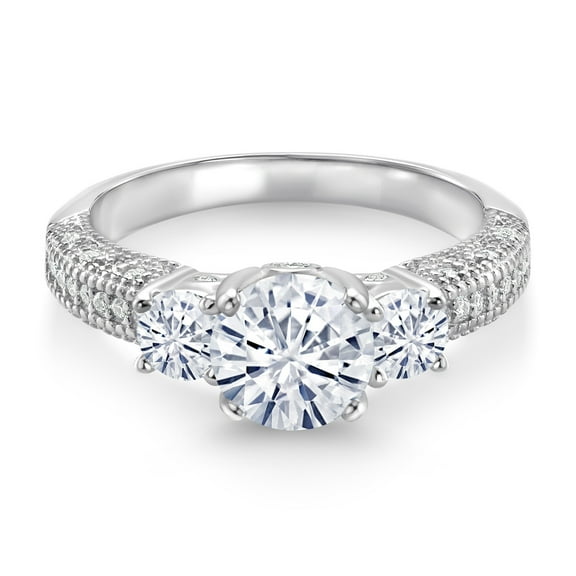 Gem Stone King 925 Sterling Silver White Moissanite Engagement Ring for Women (1.74 Cttw, Round 7MM and 4MM, Size 9)