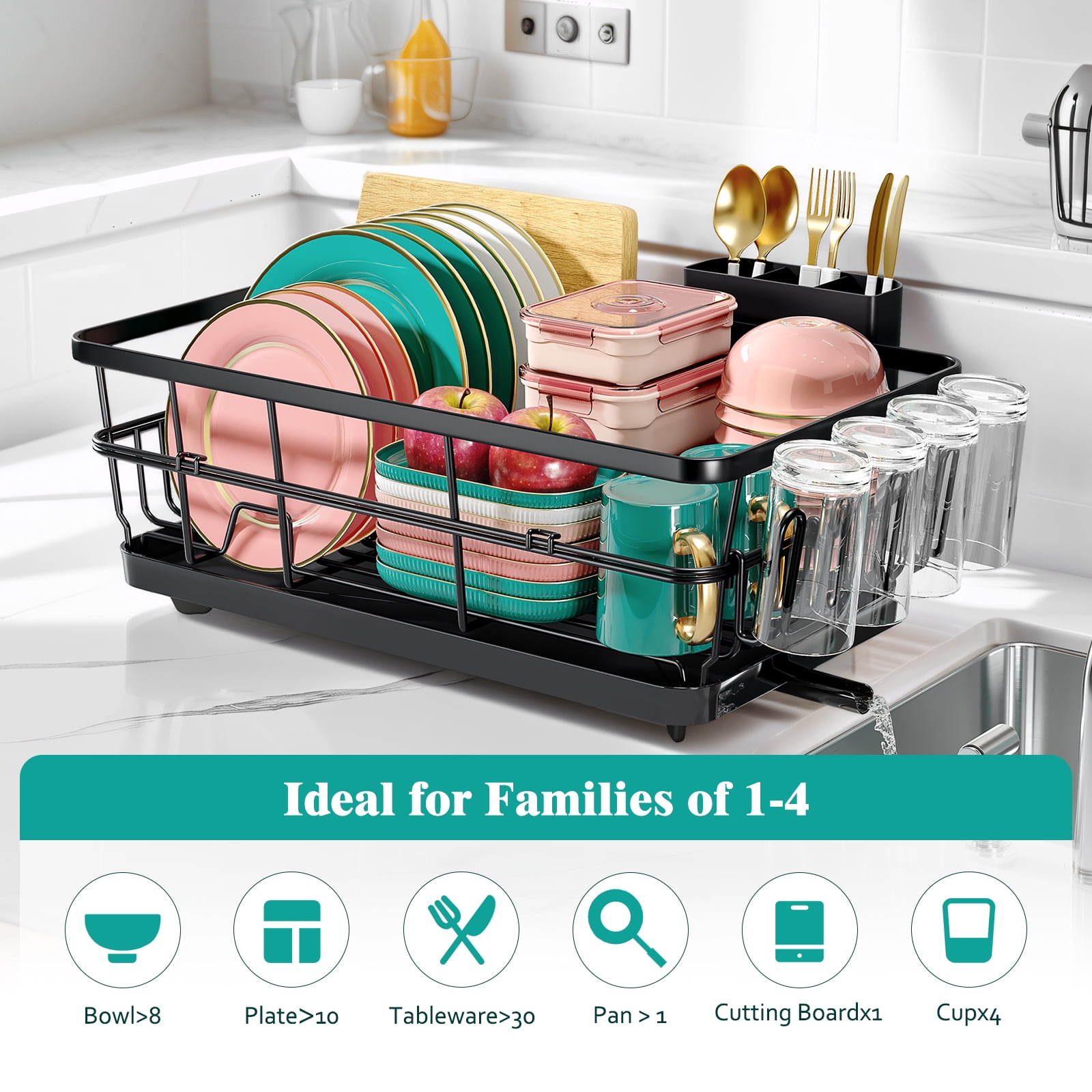 BEHERZT Large Stainless Steel Dish Drying Racks with Drainboard,Countertop Dish Drainer Rack,Kitchen Sink Dish Rack,Black