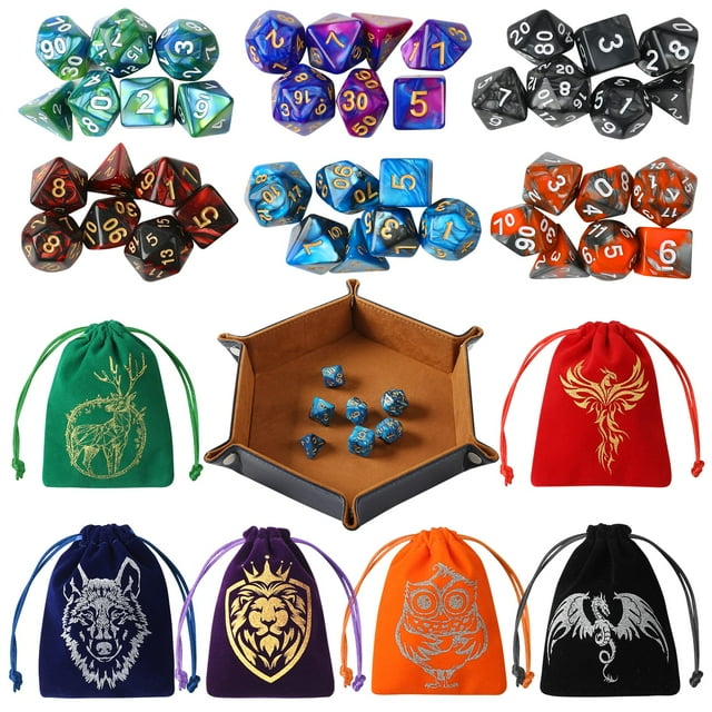 Juego de dados Grajar Nebula con 42 dados poliédricos, bolsas y bandeja
