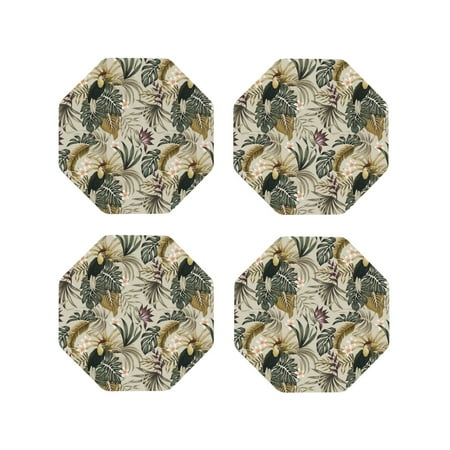 

Leather Coasters Set of 4 - Parrot Bird Tropical Plant Lightweight Non-Slip Drink Coasters for Desk Anti-Scalding Desk Cup Coasters for Office Table Decor Octagon