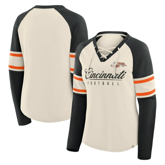 Women's Fanatics Cream/Black Cincinnati Bengals Hometown Gridiron Hero Raglan Lace-Up V-Neck Long Sleeve T-Shirt