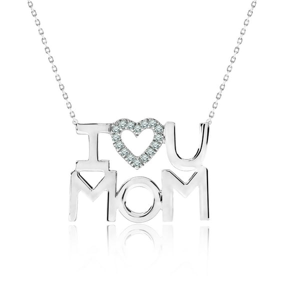 JeenMata I Love U Mom White Stone Embellished Open Heart Pendant Necklace in 18K White Gold over Silver - April Birthstone - Gift for Mom
