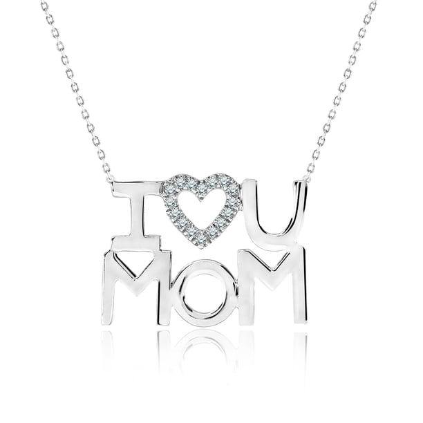 JeenMata Collar con Colgante de Corazón Abierto Adornado con Piedra Blanca Te Amo Mamá en Oro Blanco de 18 K sobre Plata - Piedra Natal de Abril - Regalo para Mamá