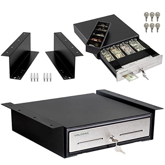 Under Counter Cash Drawer with Mounting Bracket – 13" Heavy Duty POS Cash Register Drawer, Stainless Steel Front, 4 Bill 5 Coin Removable Tray, RJ11/RJ12 Printer Driven, 24V Key Lock, 2 Media Slots