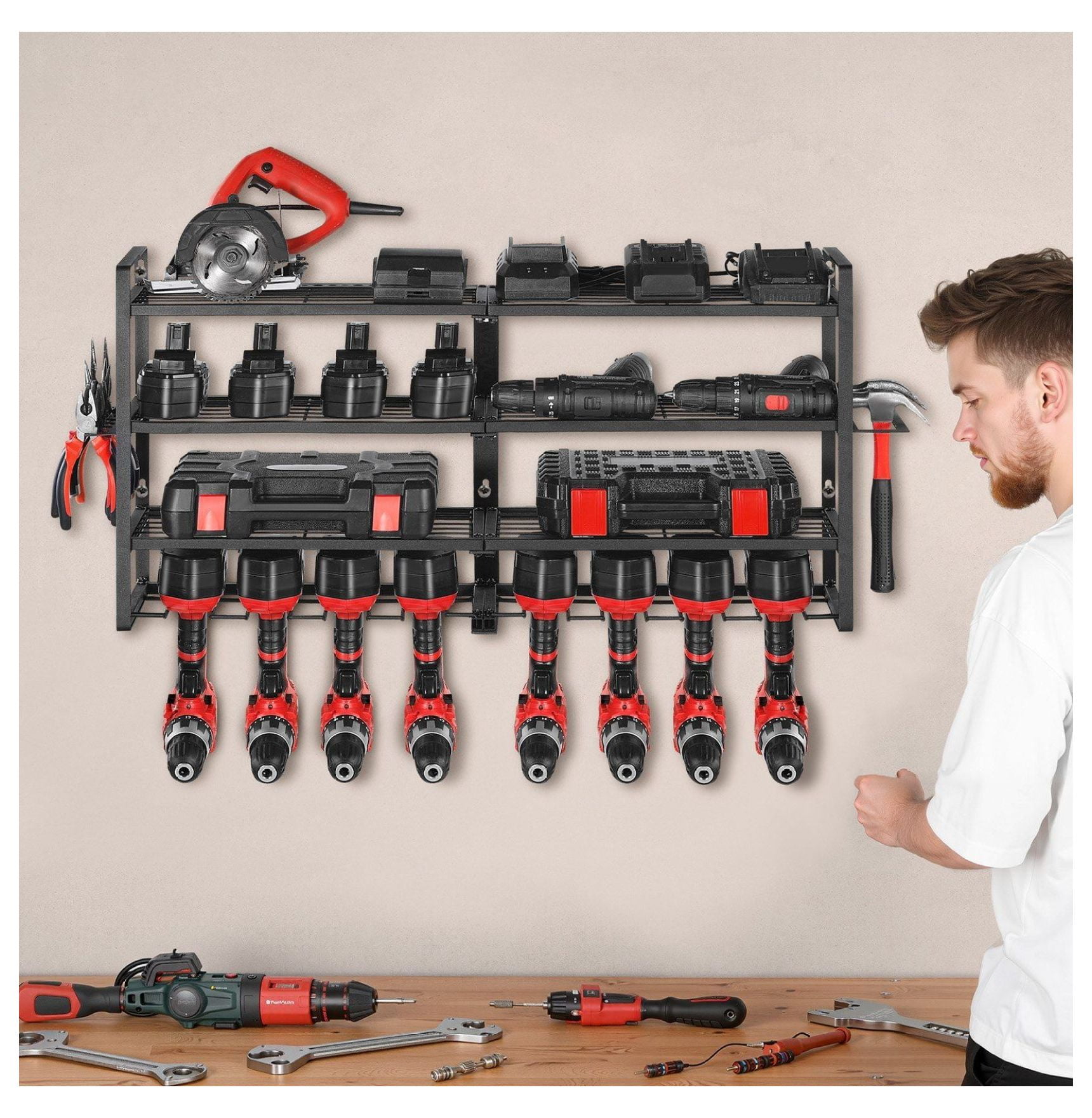 Power Tool Organizer Wall Mount, 4-Tier Garage Storage Rack with Drill Holders, Screwdriver Holder, Heavy Duty Tool Rack for Workshop, Workbench, Garage