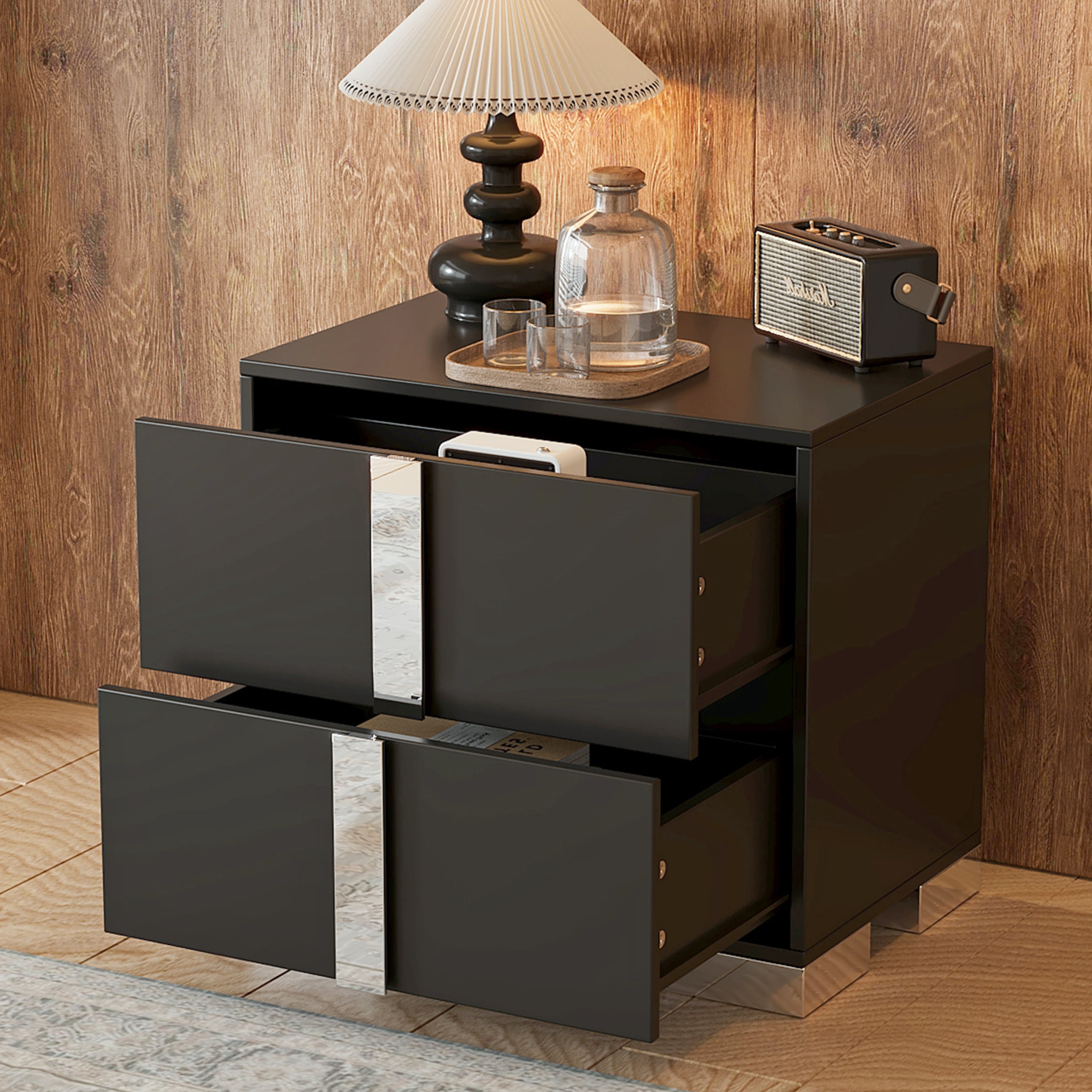 Euroco Wooden Nightstand with 2 Drawers & Metal Foot,Mirrored Bedside Table for Bedroom, Living Room,Black