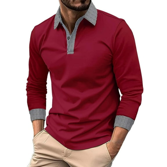 khonts Clearance,Men's Plaid Printed Oversized Polo Shirts V-Neck Button up Long Sleeve Casual Tops V-Neck Casual Stylish T Shirts Red XL