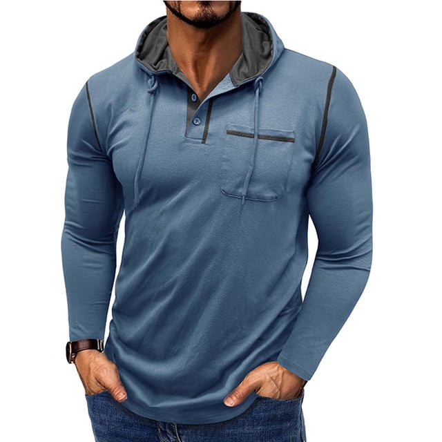 pstuiky camisa de manga larga para hombre, Suéter informal de color liso para hombre, cárdigan con botones, bolsillo, mangas largas y capucha top de hombre m