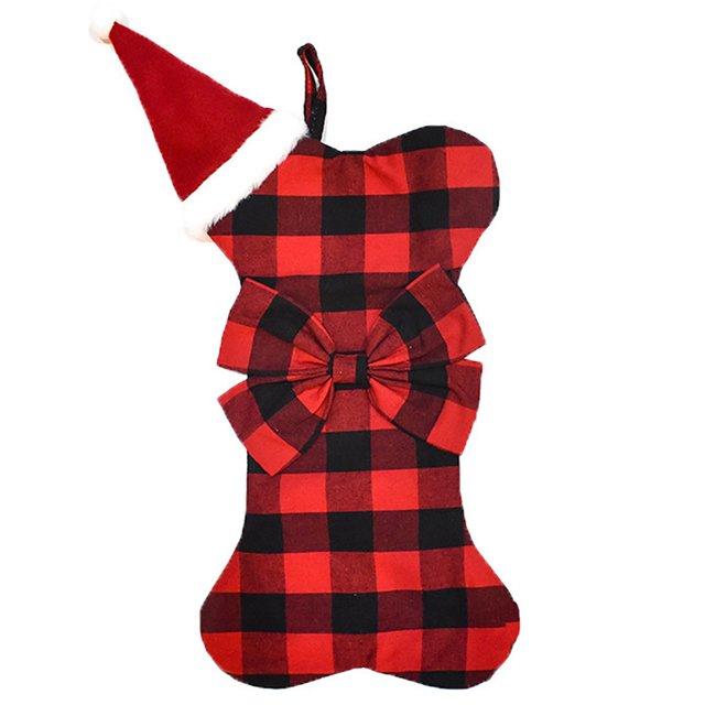 Bas de Noël à Carreaux Mignon Animal de Compagnie Bas Arbre Suspendu Décor avec Noeud Papillon