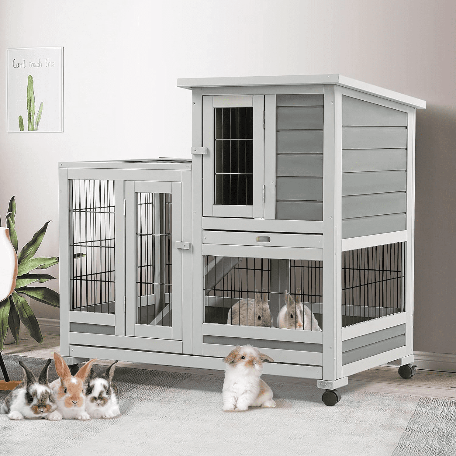 YODOLLA 37 inches Guinea Pig Cage Rabbit Hutch for Small Animals Bunny House with Removable Trays Grey