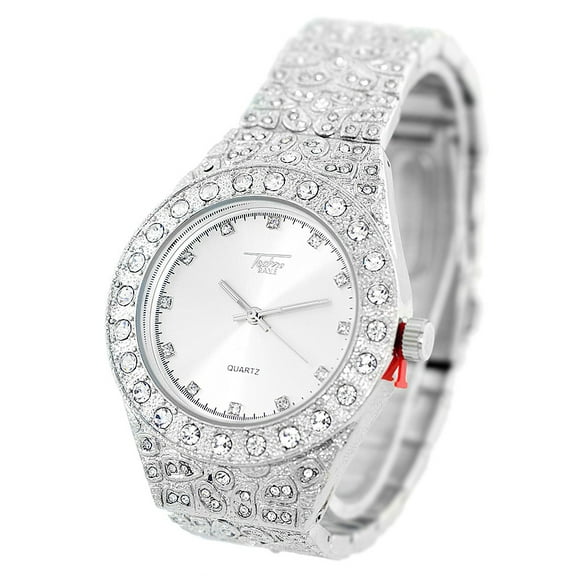 Mens ICEDOUT Silver-Tone nugget Style clubbing watch 43mm 10mm case. CZ bezel, Silver dial, 20mm wide Silver-tone cz nugget Style bracelet fits 8 inches wrist.