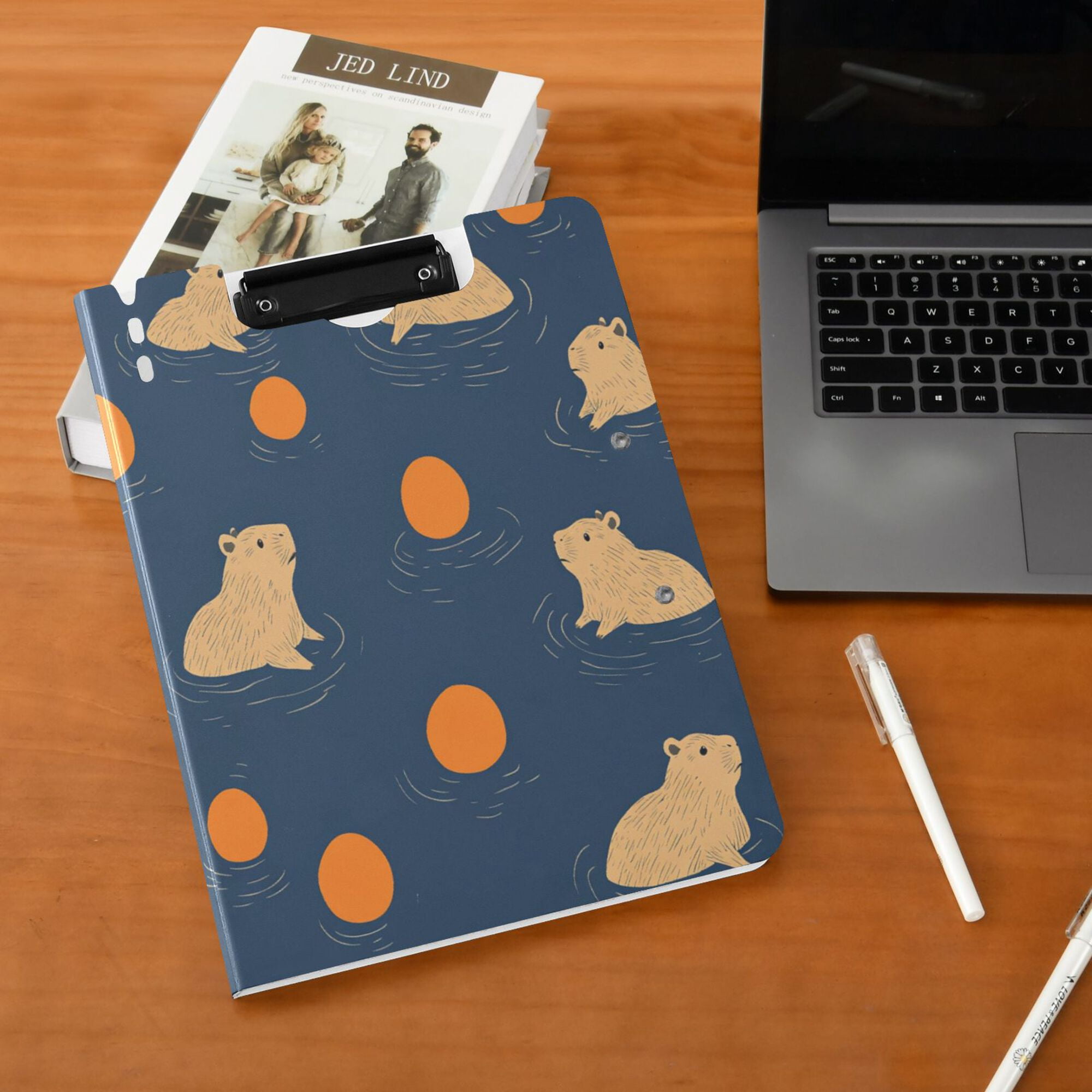 FORMRS A4 Clipboard Folder with Pen Holder Horizontal Foldable School Office Binder, Blue Capybaras