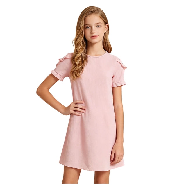 vigerkar Robes d'Été pour Filles T-Shirt Décontracté Col Ras du Cou Manches Pétales Robe de Vacances (Rose, 5-6 Ans)