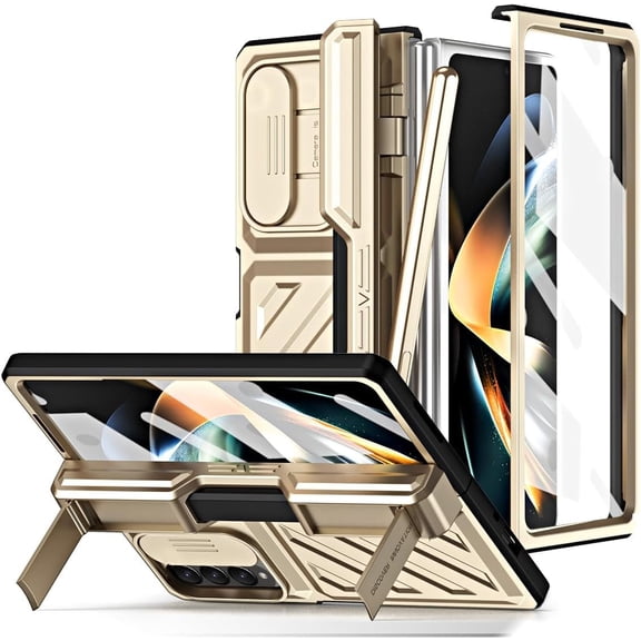 for Samsung Galaxy Z Fold 5 4 5G Case Built-in Screen Protector & Kickstand,Full Hinge & Camera Protection with S Pen & Holder,Heavy Duty Shockproof Fold5 Luxury Cases Cover (Gold,Z Fold 4)