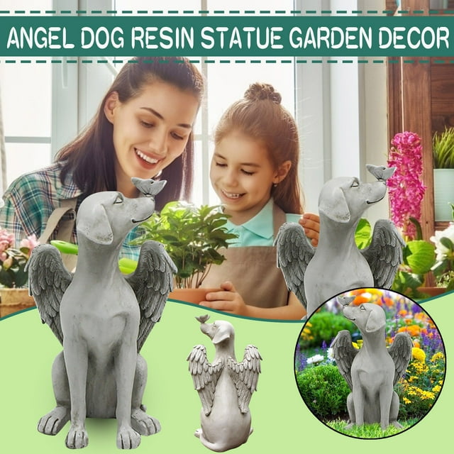 Statue Décorative en Résine pour Chien Sculpture de Jardin Extérieure Ange Chiot Décoration & Accroche