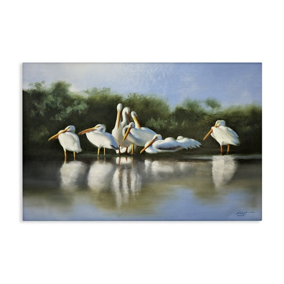 Stupell Industries White Pelicans Flock Animals & Insects Painting Gallery Wrapped Canvas Art Print Wall Art, 24 x 16
