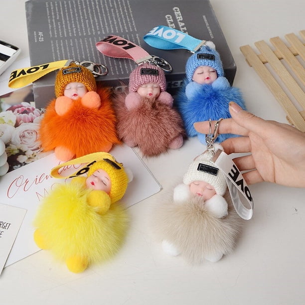 Real Fox Fur Pompom Sleeping Baby Keychain Cute Fluffy Plush Doll Women Girl Bags Keyring Cars Keychain Gift Charming Decoration3 He Qiyong unisex