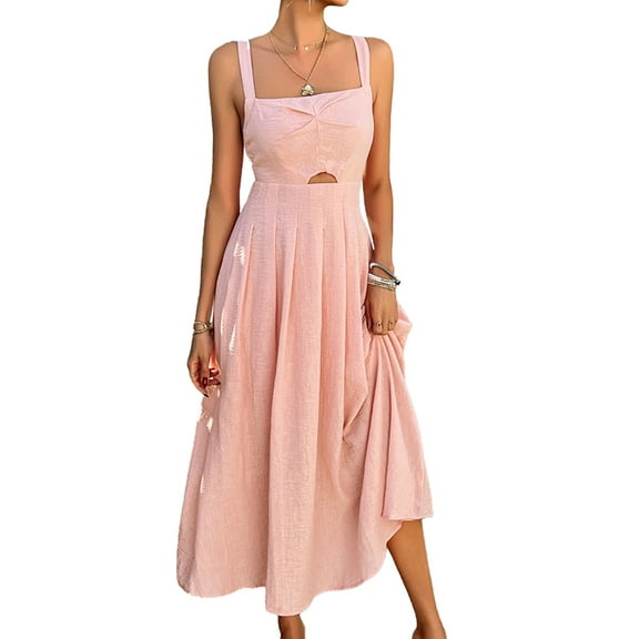 Womens Tie Front Button Down A-Line Dresses Summer Spaghetti Strap Midi Dress Floral Prints Pink L