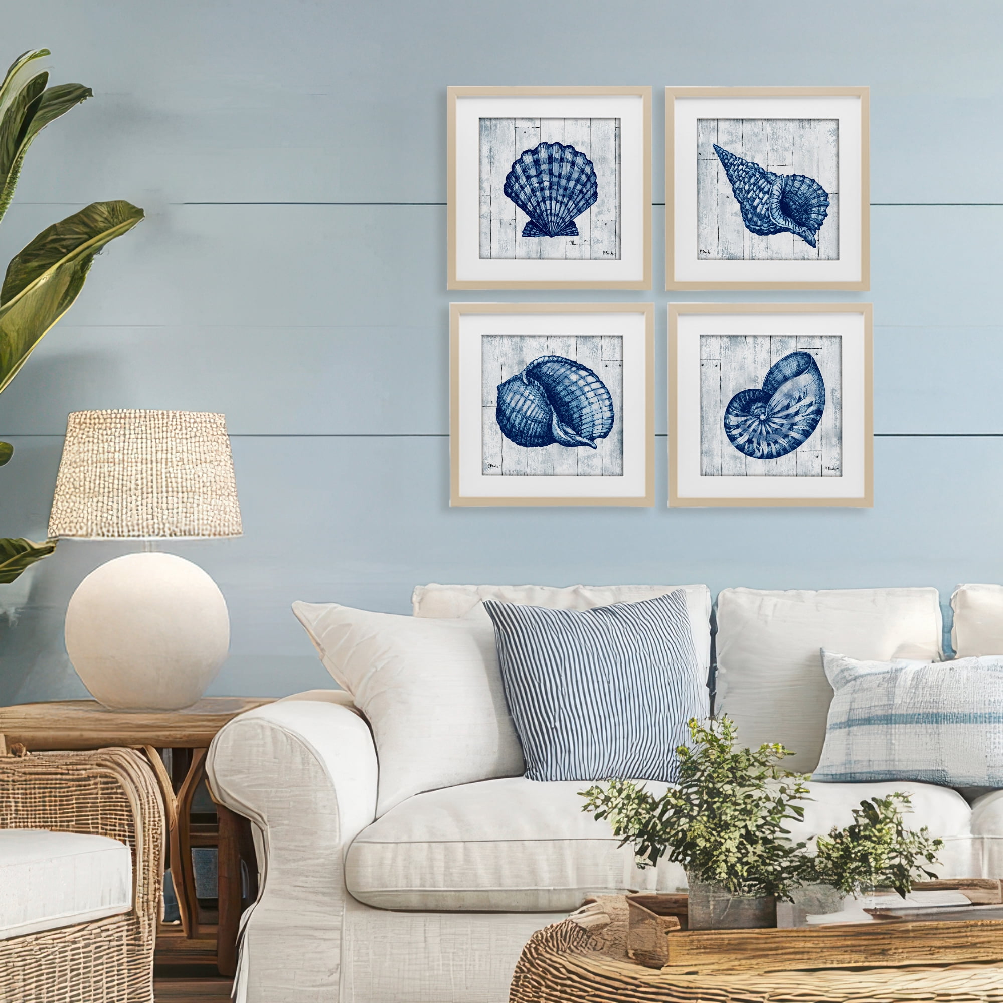 Stupell Industries Coastal Timberland Seashells 4 Piece Birch Framed Print Under Glass Set, design by Paul Brent