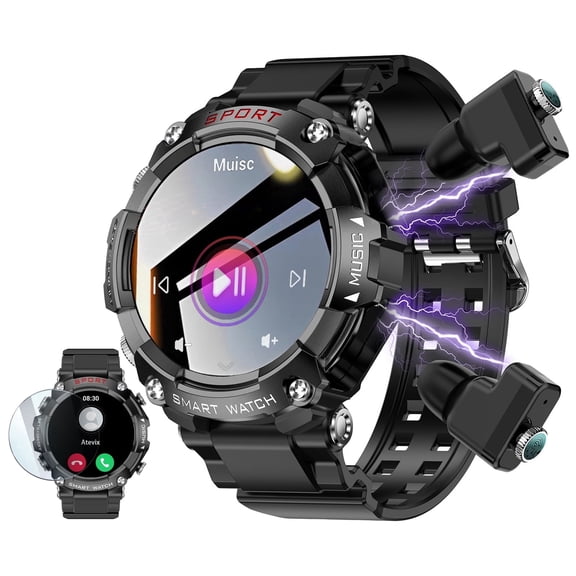 ATEVIX Smart Watch with Earbuds,1.52" HD Screen Smartwatch for Men, for android phones,Rugged Military Bluetooth Call Fitness Tracker,Sleep Monitor,Heart Rate