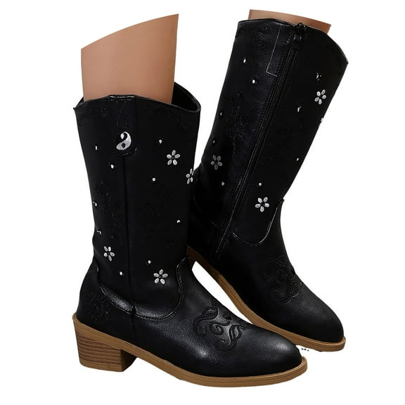 Mepaouo Cowboy Boots for Women Mid Calf Cowgirl Boot Round Toe Chunky Low Heel Western Ankle Booties