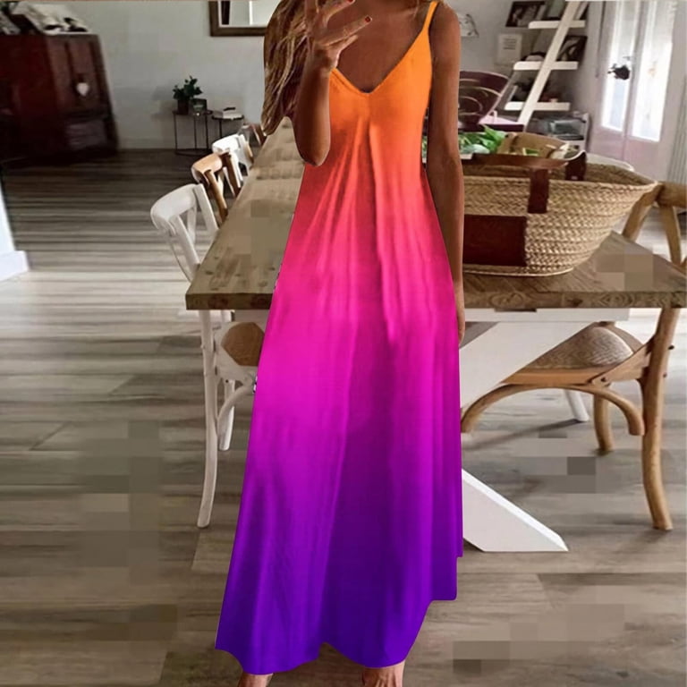 Puntoco Plus Size dresses Womens Summer Suspender Maxi Dress Plus Size Striped Printed Sleeveless with Pockets and Belt Hot Pink 6(m)