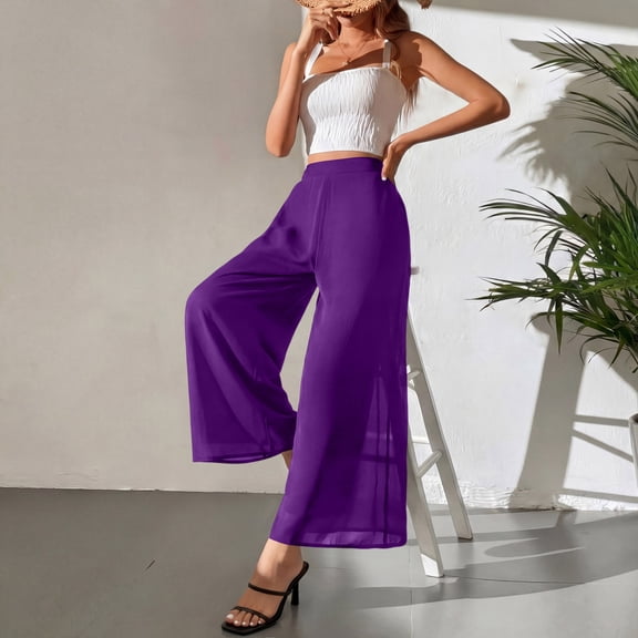 Womens High Waisted Chiffon Wide Leg Palazzo Pants with Pockets – Lightweight Flowy Summer Trousers Purple XL