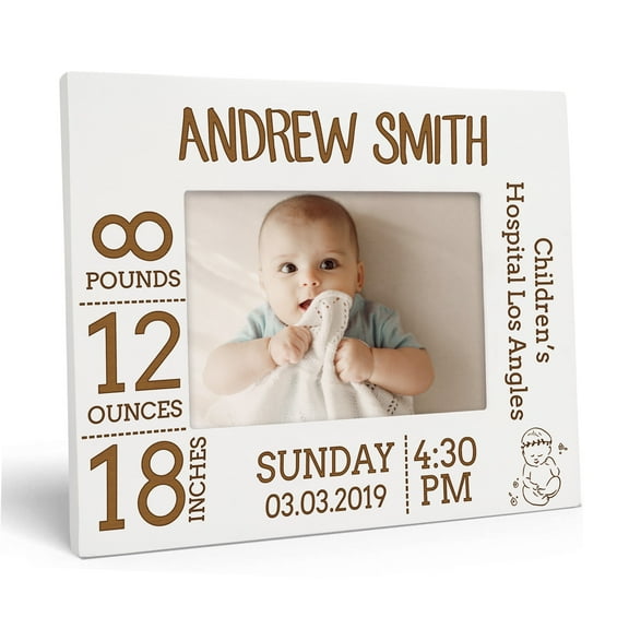 Darling Souvenir MADE WITH LOVEPersonalized WoodEngraved Baby Picture Frame, Table Top WhitePhotoFrame (New Born Baby) Customizable Quote - 4x6 Inches Horizontal
