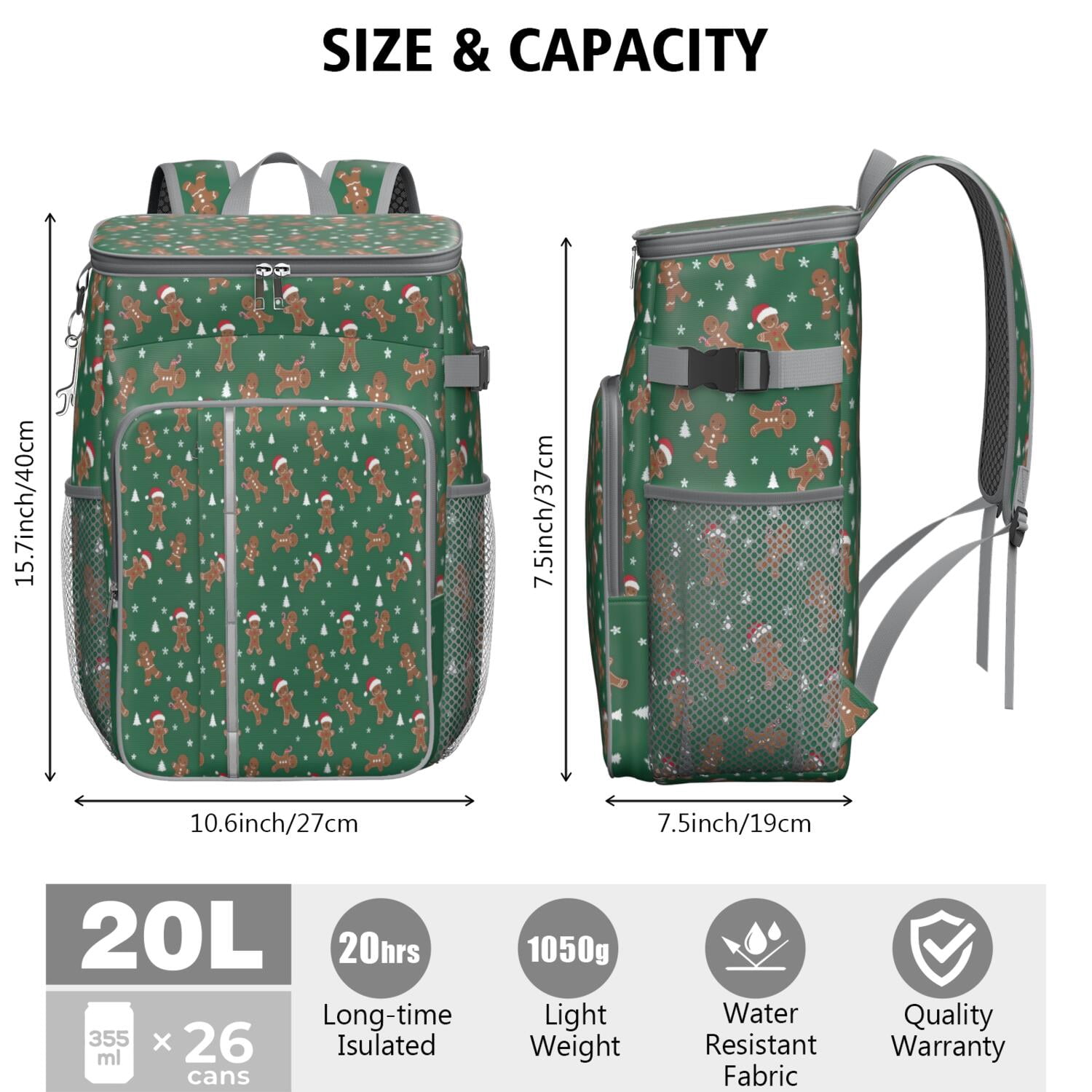 Travel Cooler Bag - Green Christmas Gingerbread Man Pattern Camping Beer Cooler Backpack with Bottle Opener- Waterproof Insulated Picnic Backpacks - Cooler Bag for Beach